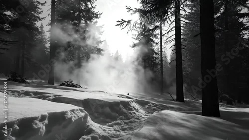 Black and White Scene of a Snowy Forest with a Sunlit Opening and Fog