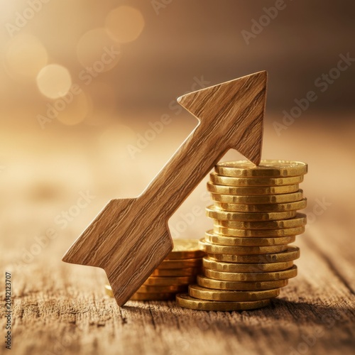 Wooden Arrow and Stacked Coins Representing Financial Growth on Rustic Background