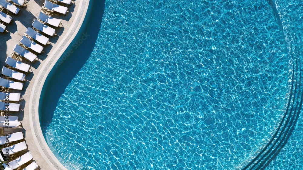 Fototapeta premium Aerial view of a shimmering blue pool with sun loungers and gentle wave patterns