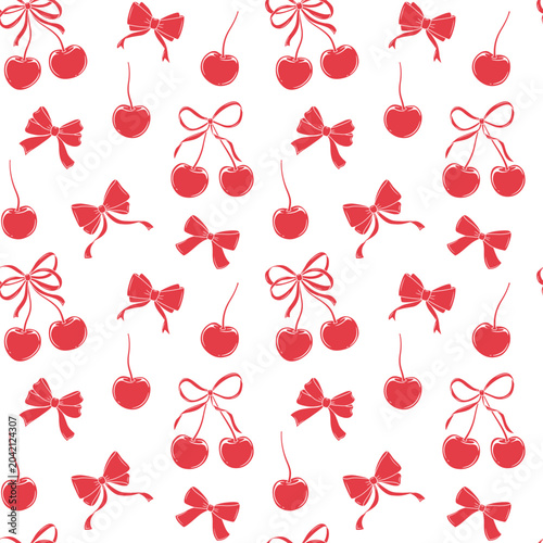 Seamless pattern with cute fruit illustration features repeating cherries and delicate ribbons in a seamless layout. The pink, feminine design suits wallpapers, stationery, and decorative prints