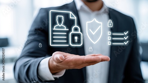 Man holds up glowing icons of personal data security and verified identity