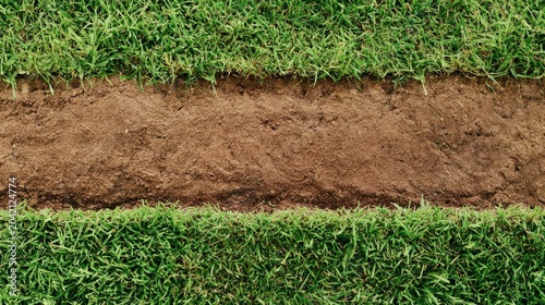 Overhead view of a narrow, dug-out trench filled with brown soil, bordered by lush green grass