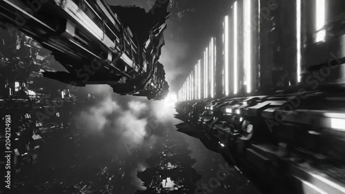 Futuristic city tunnel through the heavens with abstract industrial elements and bright lights creating a sci-fi atmosphere