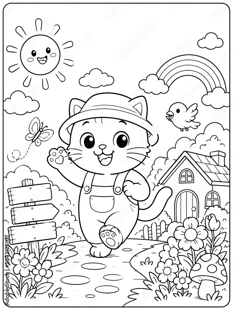 Fototapeta premium Cute Kitten Coloring Page Adventure Outdoor Scene