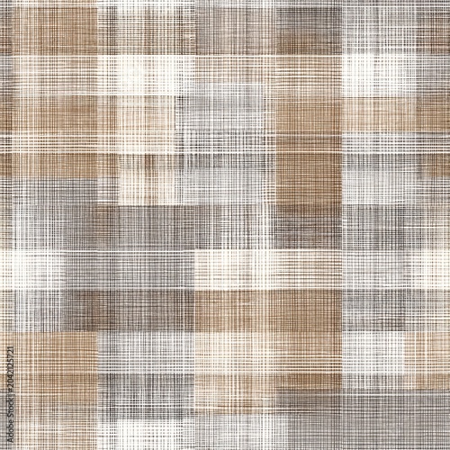 Close-up of textured fabric with plaid pattern in beige and brown tones for interior design