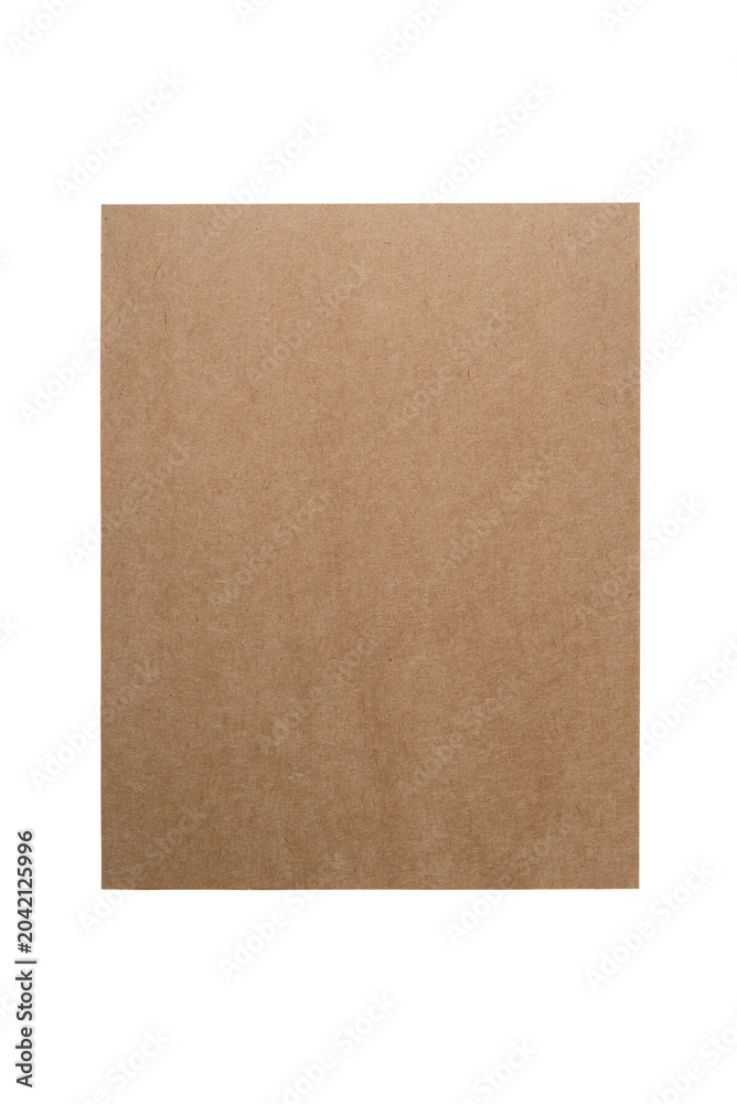 Fototapeta premium Brown kraft paper sheet, rectangular brown cardboard piece isolated on white transparent background.