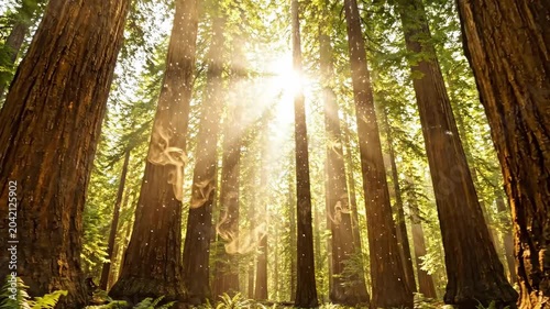 Sunbeams filter through towering redwood forest with visible dust motes