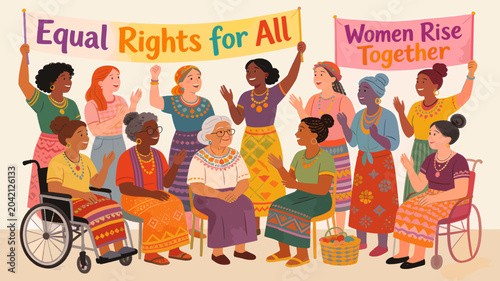 Tableau sur toile A diverse group of women of various ages, ethnicities, and abilities holding banners that say Equal Rights for All and Women Rise Together