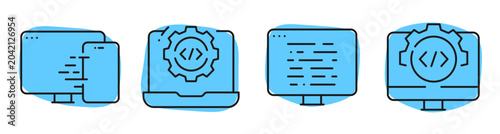 Photos Computer coding icons showing development and automation on screens