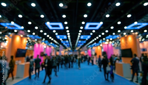 Blurred view of a lively exhibition hall with colorful booths and people