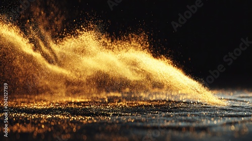 Brilliant golden particles create a dynamic stream across a dark, textured surface.