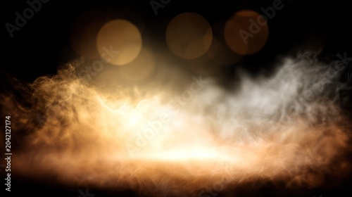 Glowing atmospheric haze spreads across a dark stage floor illuminated by warm spotlights above.