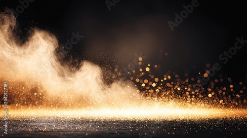 Golden smoke and glittering sparks illuminate a dark, textured surface dramatically