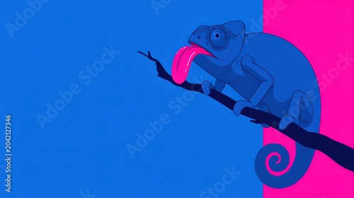 Stylized depiction of a reptile extending its tongue while perched on a branch against a dual-colored background