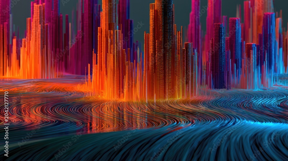 Fototapeta premium Abstract flow of colorful strands forms vibrant, glowing cityscape