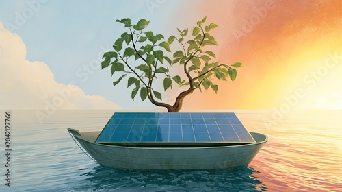 A sapling grows from a solar panel on a boat in contrasting skies