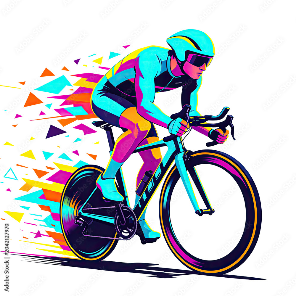 Fototapeta premium Colorful Abstract Speed Cyclist on Time Trial Bicycle with Geometric Motion Trails Isolated on Transparent Background, Generative AI