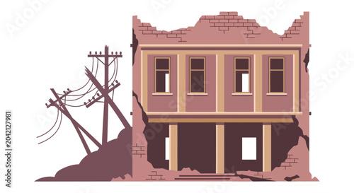 Photos Damaged building with power lines, destruction and devastation concept, disaster