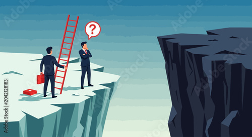 Businessmen on cliff edge with ladder and question mark, uncertainty concept