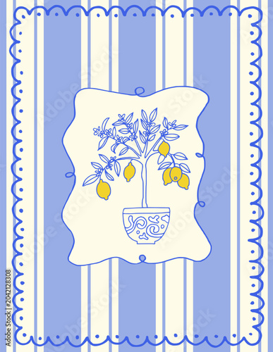 Lemon tree on stripped background. Amalfi coast italian poster hand drawn blue contour doodle whimsical kitchen decor. Coquette frame and summer mediterranean food.