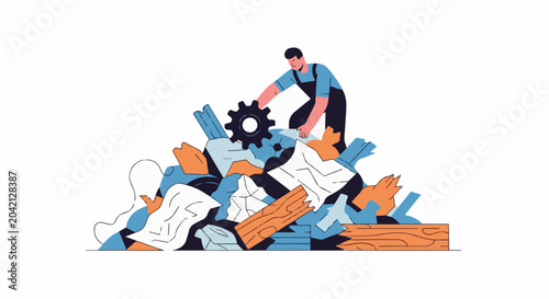 Fotografía Worker sorts through a pile of debris and a gear