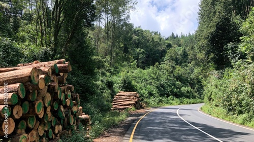 Stacked logs on roadside, beside winding road through lush green forest