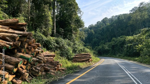 Stacked logs border a winding road through a lush, green forest