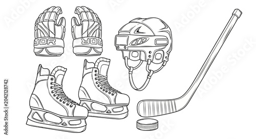 Photography Ice hockey equipment, skates, gloves, helmet, puck, stick, sports gear