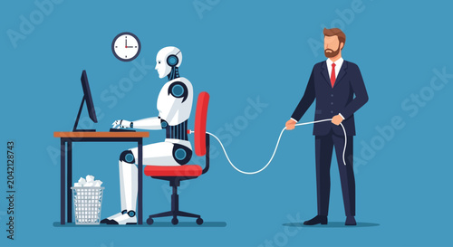 Принти на полотні Businessman controlling robot working on computer, technology concept, office ba