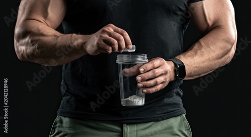 Muscular person adds white powder to a clear shaker bottle