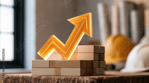 Glowing upward arrow on stacked bricks, symbolizing growth, with construction elements