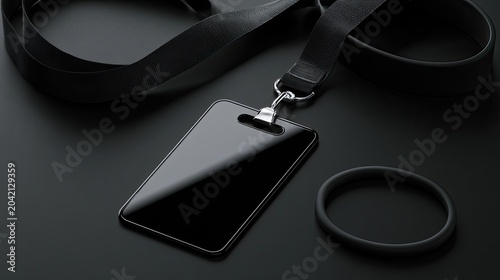 Black identification card with lanyard and wristband on a dark background