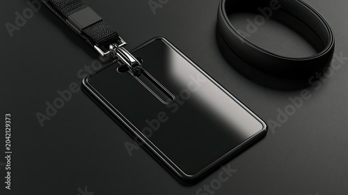Sleek, black identification badge with lanyard on a dark background