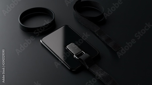 Sleek, black accessory for devices, featuring straps and a ring