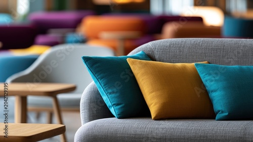 Contemporary lounge seating with vibrant teal and mustard cushions