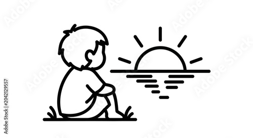 Canvastavla boy sitting by water, sunset, peaceful, simple line drawing, illustration