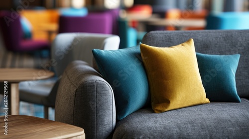 Cozy modern seating area with colorful accent pillows