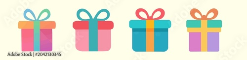 Template gift icon element with flat design style, featuring a bold and vibrant color scheme, incorporating a mix of pastel and bright hues, with clean lines, simple shapes