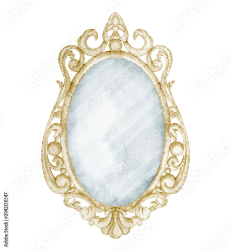 Mirror in ornate wrought frame watercolor illustration. Vintage oval elements with baroque details in Victorian style for wedding invitations, nostalgic greeting cards. Isolated forget border.
