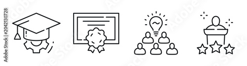 Education icons showing achievement collaboration and presentation set. Editable stroke