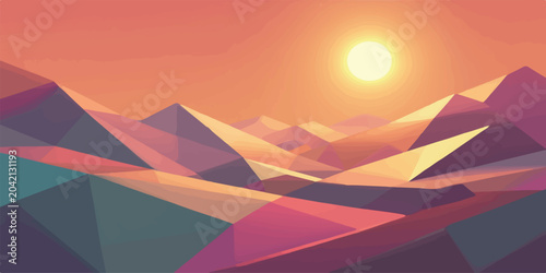 Schilderij op canvas Warm sunset over a digital low poly abstract mountain terrain with mountain land