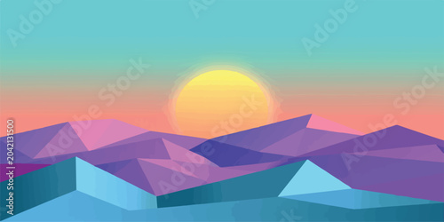 Tableau sur toile Stylized low poly mountain landscape with large golden sun mountain landscape ab