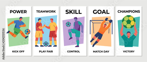 Canvas-taulu Modern soccer greeting card set with flat players in action, fair play handshake, ball, boots, abstract frames and grainy marketing templates