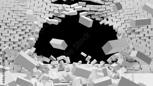 Photos exploding bricks wall 3d rendering destruction fragmentation