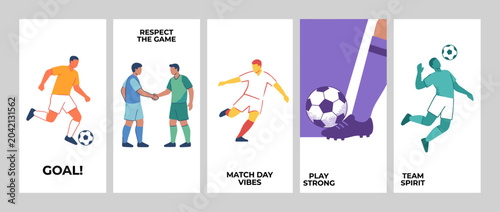 Valokuva Flat soccer marketing template collection with action athletes, fair play handshake, ball, stadium movement, geometric borders and retro grain texture