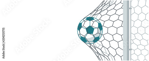 Foto Soccer ball hitting goal net in flat minimalist style, modern football champions