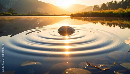 Stone dropping into serene water creating outward ripples at sunset with mountain backdrop
