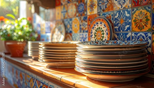Stacks of Hand-Painted Ceramic Plates Adorn a Colorful Tiled Kitchen Shelf with Warm Sunlight