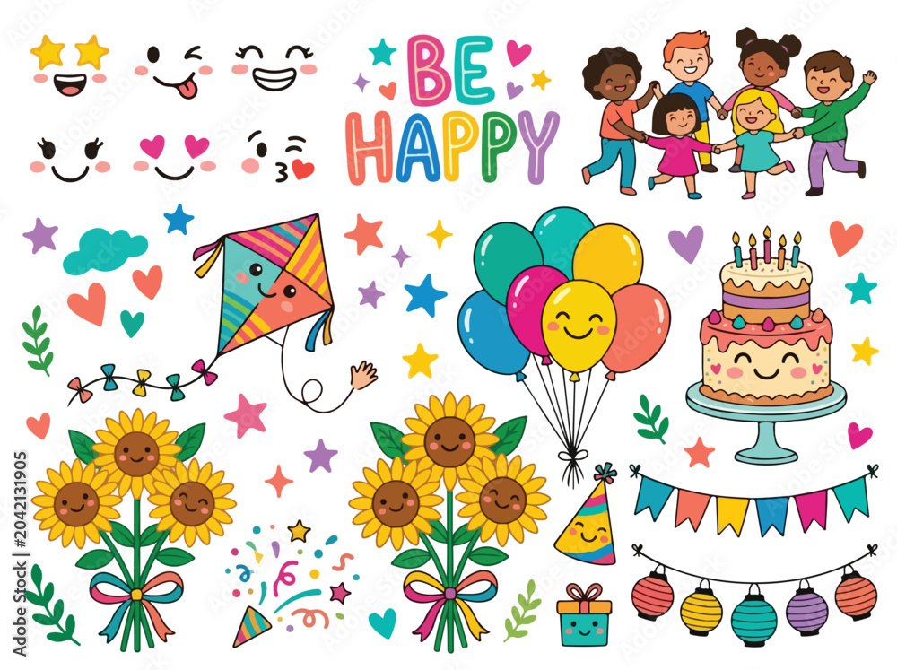 Naklejka premium Kawaii birthday party vector set, cute cartoon celebration elements with happy children and cake, colorful hand drawn doodle clip art for kids