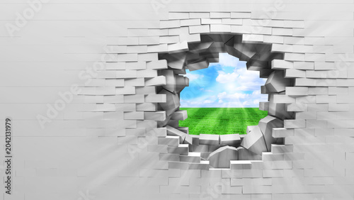 Photos broken wall revealing nature scene brick hole